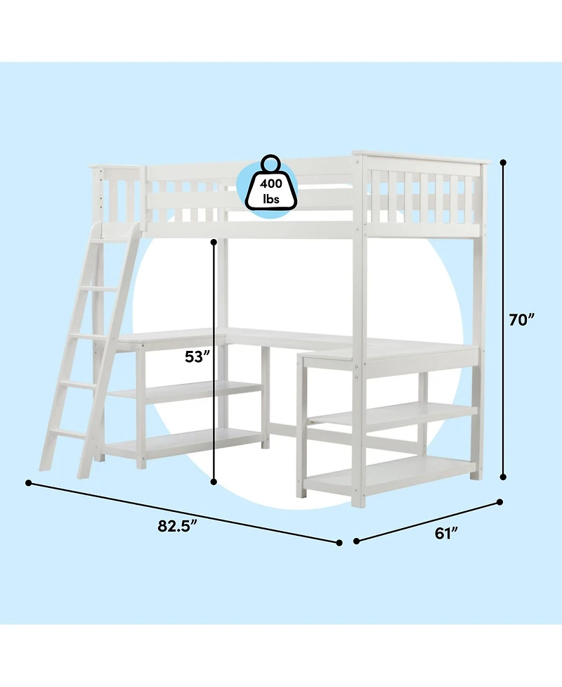 Max & Lily Twin Loft Bed, Solid Wood Loft Bed with Desk and Storage Shelves for Kids