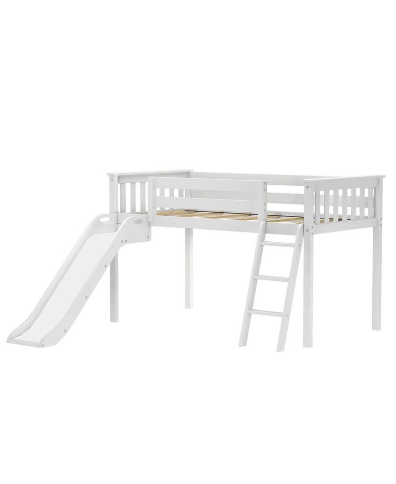 Max & Lily Twin Size Low Loft Bed with Slide, Solid Wood Kids Platform Bed with 14" Guardrails