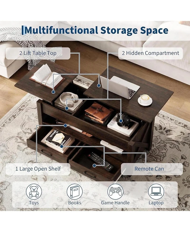 gaomon 47.2" Lift Top Coffee Table with Storage, Split Lift Design, 2 Drawers and Hidden Compartment, Farmhouse Center Table