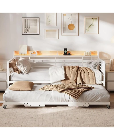 gaomon Twin Daybed with Trundle Bed, Storage Headboard with Charging Station and Additional Storage Bags, Sofa Day Bed with Strong Supports