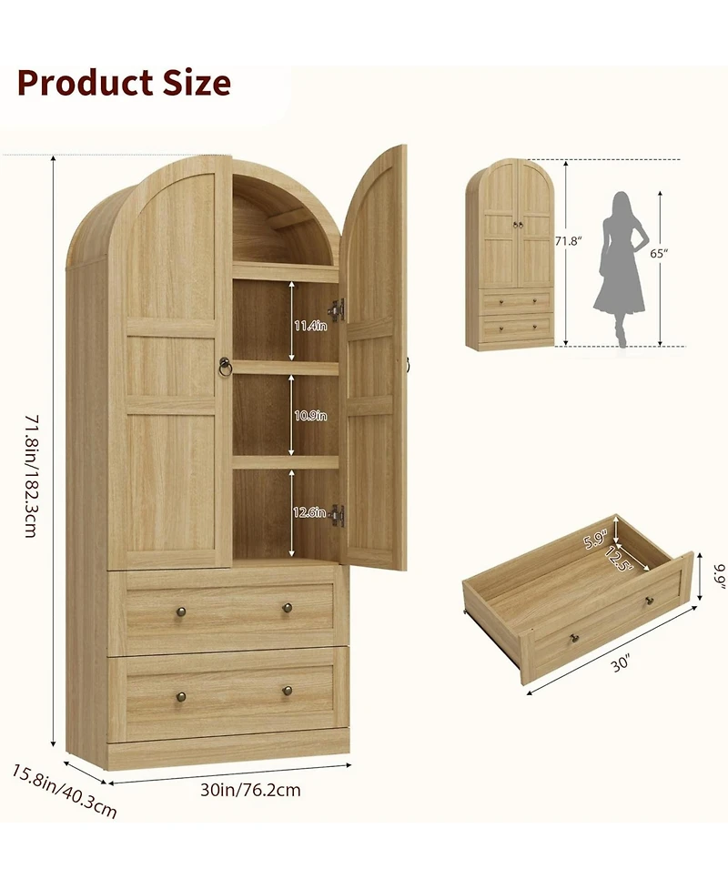gaomon 72" Tall Arched Kitchen Pantry Cabinet - Farmhouse Freestanding Storage Cupboard with Wooden Doors & Drawers