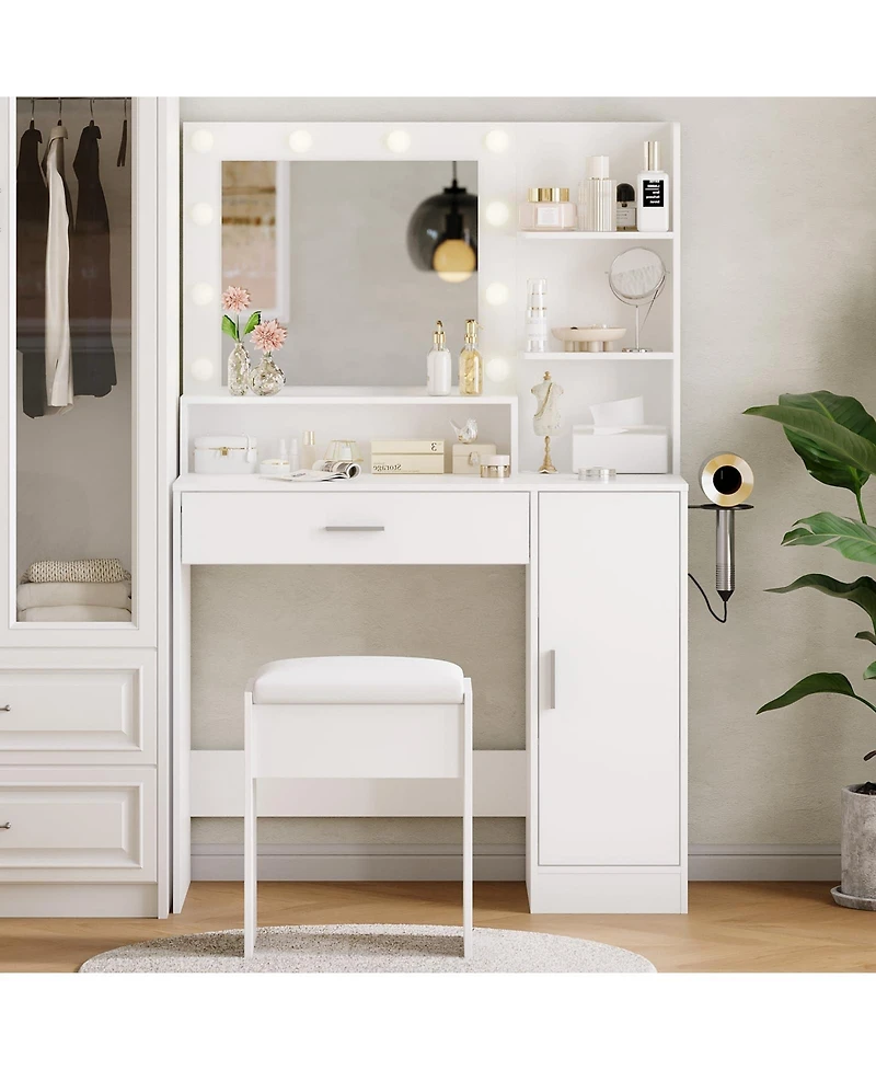 Homfan Modern Vanity Desk with Mirror Led Lights, Power Outlet, Storage Shelf, Hairdryer Rack, Adjustable Lighting, Cushioned Stool for Bedroom