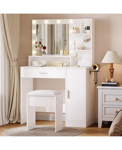 Homfan Modern Vanity Desk with Mirror Led Lights, Power Outlet, Storage Shelf, Hairdryer Rack, Adjustable Lighting, Cushioned Stool for Bedroom