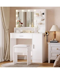 Homfan Modern Vanity Desk with Mirror Led Lights, Power Outlet, Storage Shelf, Hairdryer Rack, Adjustable Lighting, Cushioned Stool for Bedroom