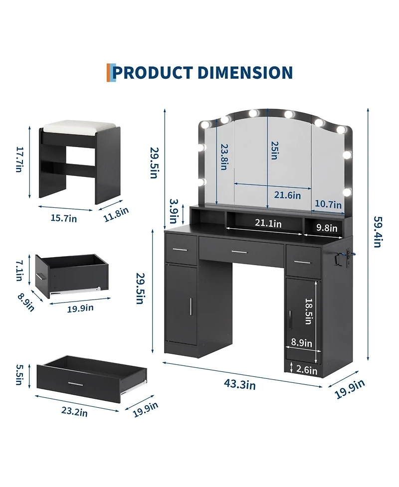 Homfan Vanity Makeup Desk with Adjustable Led Mirror, 3 Drawers and 2 Cabinets, Stool and Charging Station, Dressing Table for Women