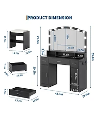 Homfan Vanity Makeup Desk with Adjustable Led Mirror, 3 Drawers and 2 Cabinets, Stool and Charging Station, Dressing Table for Women