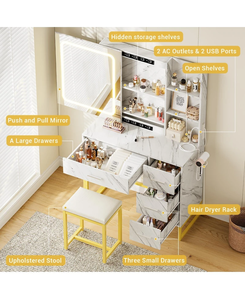 Homfan Modern Makeup Vanity Desk with Led Mirror, Charging Station, 4 Drawers, Storage Shelves & Cushioned Stool