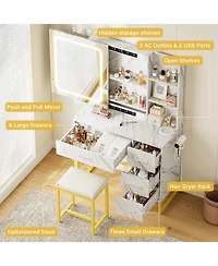 Homfan Modern Makeup Vanity Desk with Led Mirror, Charging Station, 4 Drawers, Storage Shelves & Cushioned Stool