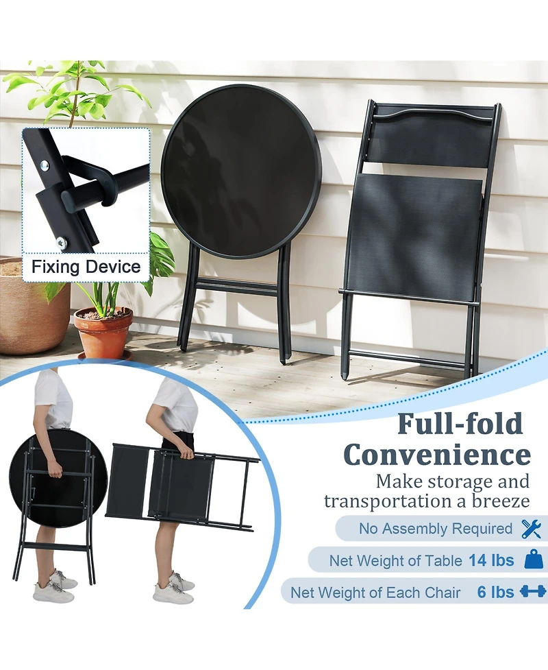 Sugift 3 Piece Folding Patio Bistro Set with Glass Table and Chairs