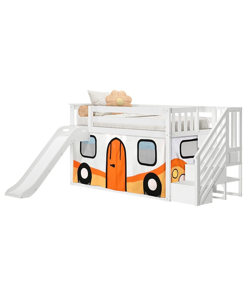 Max & Lily Low Twin over Twin Bunk With Stairs, Easy Slide and Orange Camper Van Curtain