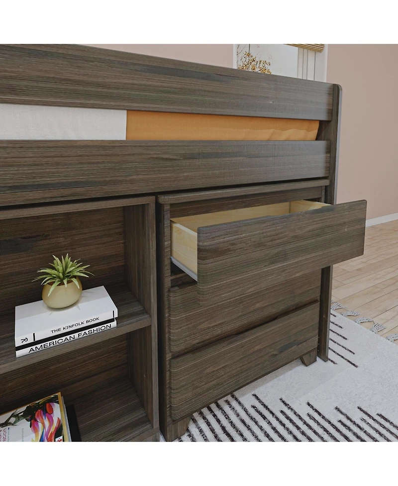 Max & Lily Modern Farmhouse Low Loft Bed, Twin Bed Frame for Kids with 3-Drawer Dresser and 4-Shelf Bookcase
