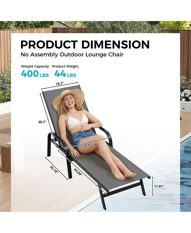 Homfan Adjustable 5-Position Outdoor Lounge Chairs Set of 2 - Durable Textilene Reclining Patio Chaise