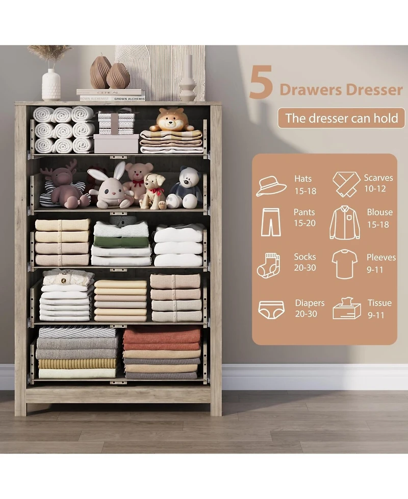 gaomon Modern 5 Drawer Wooden Dresser Chest, Tall Cabinet with Deep Storage Drawers, Metal Knobs, Versatile for Bedroom,Living Room, Hallway, Entryway