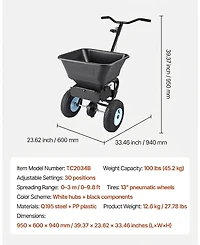 Sugift Lawn Spreader, 100LBS Capacity, Walk-Behind Fertilizer Spreader with Pneumatic Tires