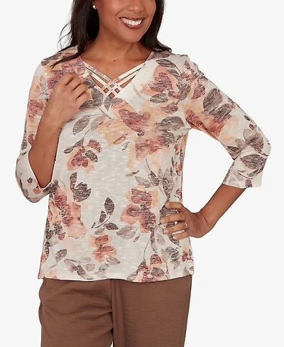 Alfred Dunner Petite Spice Market Embellished Neck Watercolor Floral Top