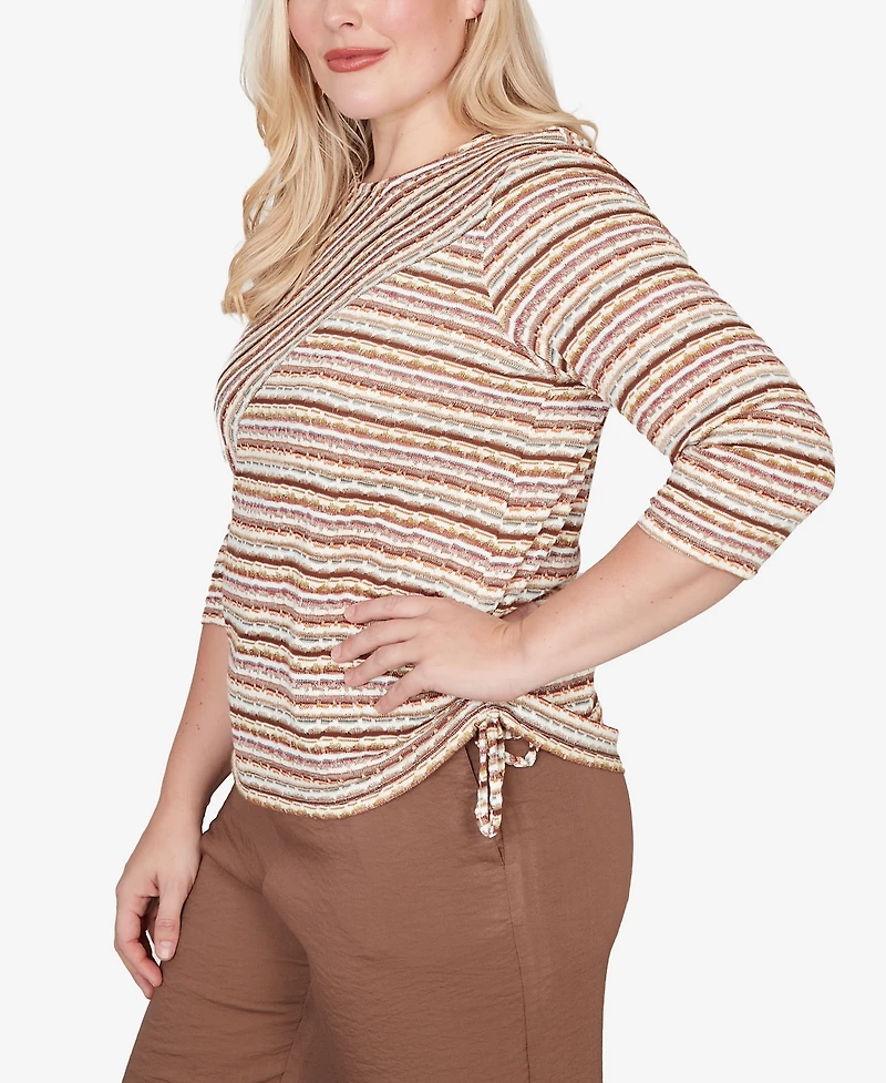 Alfred Dunner Petite Crewneck Spice Market Spliced Textured Stripe Ruched-Tie Top
