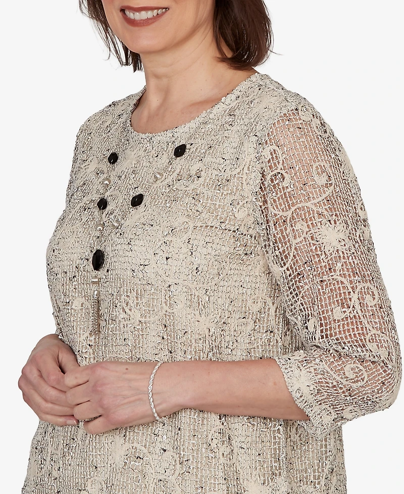Alfred Dunner Petite Detail Driven Popcorn Mesh Pointed Hem Top with Necklace