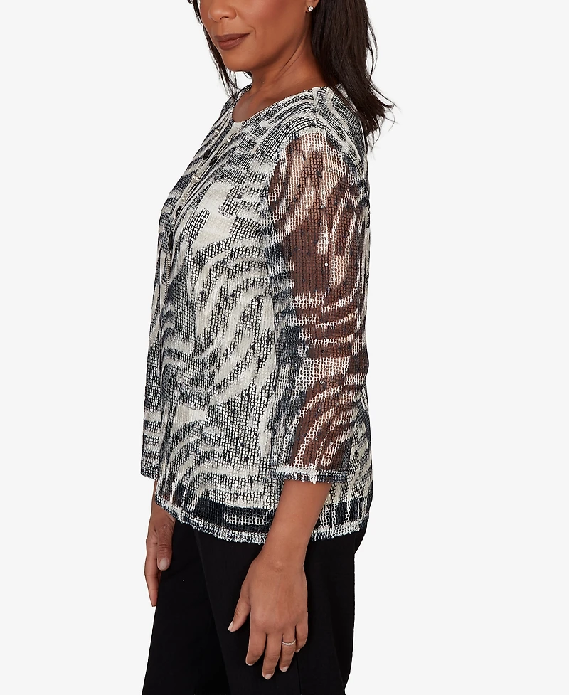 Alfred Dunner Petite Detail Driven Animal Popcorn Embellished Top with Necklace