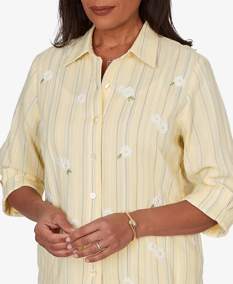 Alfred Dunner Petite Out of the Blue Embroidered Daisy Stripes Button-Front Top