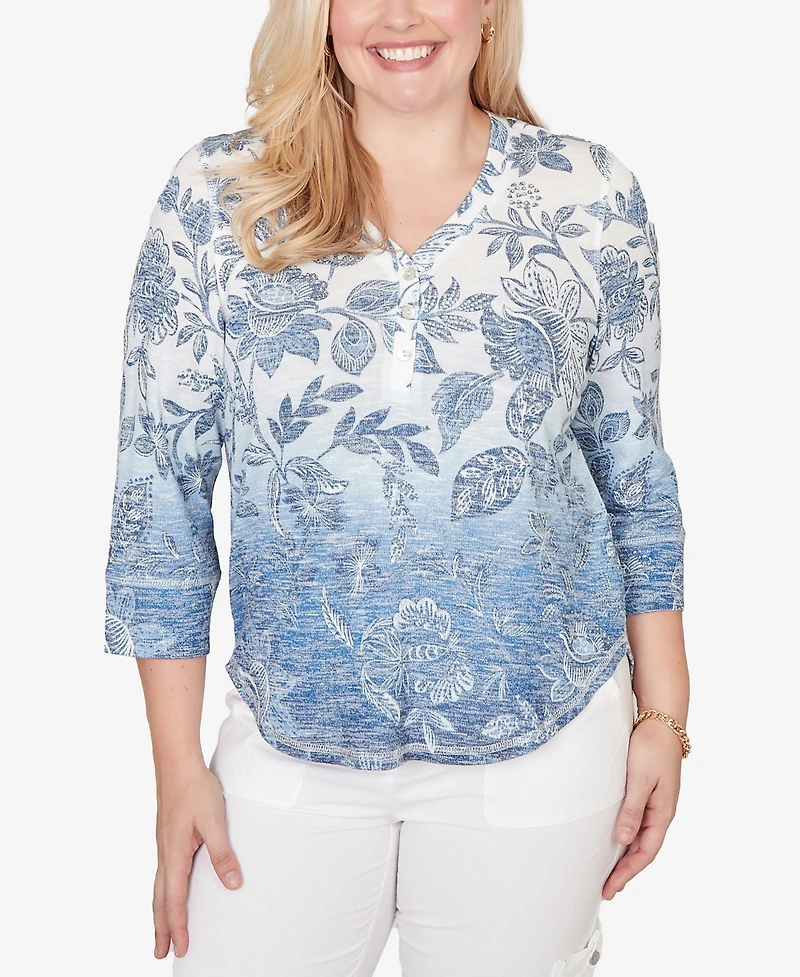 Alfred Dunner Petite Out of the Blue Ombre Batik Floral Henley Top