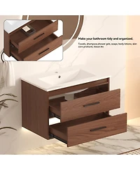 Sillysis 30 Inch Wall Mounted Bathroom Vanity with Ceramic Sink, Soft Close Drawers and Reddish Brown Cabinet, Modern Transitional Design