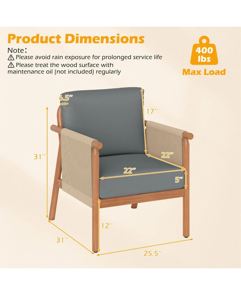 Gouun Acacia Wood Outdoor Chair with Woven Rope Armrests and Seat Cushions