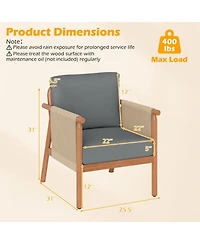 Gouun Acacia Wood Outdoor Chair with Woven Rope Armrests and Seat Cushions