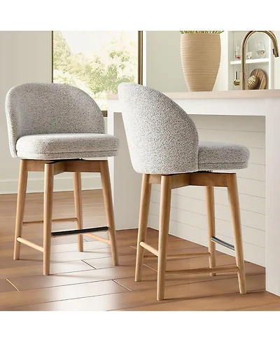 Maison Boucle Set of 2 Swivel Upholstered Counter Height Stools with Solid Wood Legs