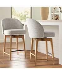 Maison Boucle Set of 2 Swivel Upholstered Counter Height Stools with Solid Wood Legs