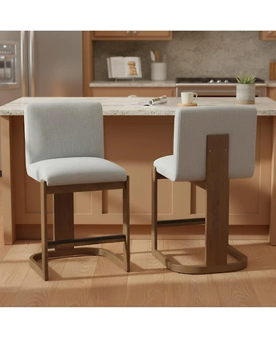 Rainsken Modern Bar Stools Set of 2, 24" Solid Wood Counter Height Chairs with Linen Upholstered Seat for Kitchen Island, Home Bar