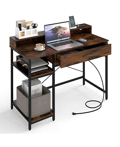 Skonyon 48 Inch Computer Desk with Monitor Stand Drawer and Shelves-Rustic Brown