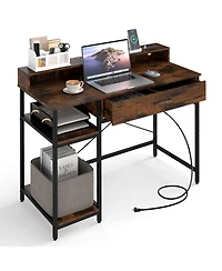 Skonyon 48 Inch Computer Desk with Monitor Stand Drawer and Shelves-Rustic Brown