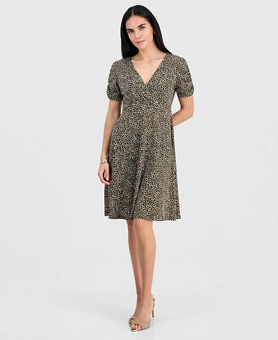 Connected Petite Ruched-Sleeve Crossover-Neck Dress