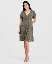 Connected Petite Ruched-Sleeve Crossover-Neck Dress