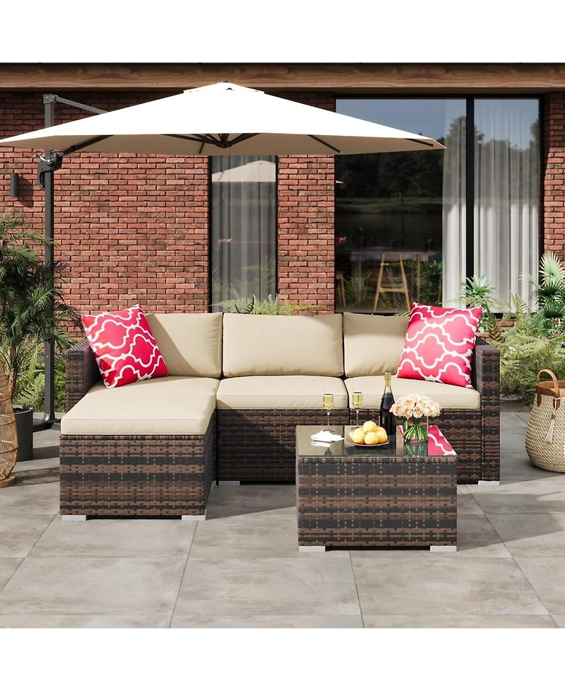 gaomon 5-Piece All-Weather Wicker Patio Sectional Sofa Set with Ottoman and Glass Table