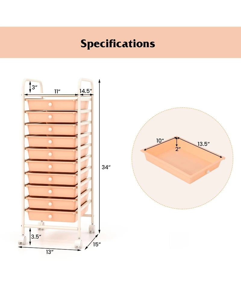 Sugift 10 Drawer Rolling Storage Cart Organizer with 4 Universal Casters-Cherry