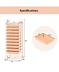 Sugift 10 Drawer Rolling Storage Cart Organizer with 4 Universal Casters-Cherry