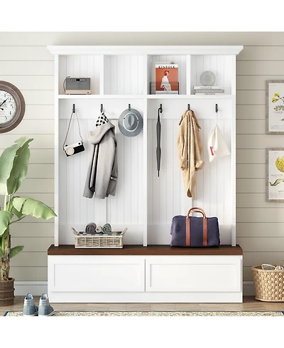 Rainsken Farmhouse Hall Tree, Multi-Purpose Coat Rack with Wood Grain Bench, 6 Hanging Hooks and 2 Storage Drawers for Hallway and Entryway