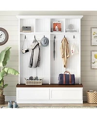 Rainsken Farmhouse Hall Tree, Multi-Purpose Coat Rack with Wood Grain Bench, 6 Hanging Hooks and 2 Storage Drawers for Hallway and Entryway