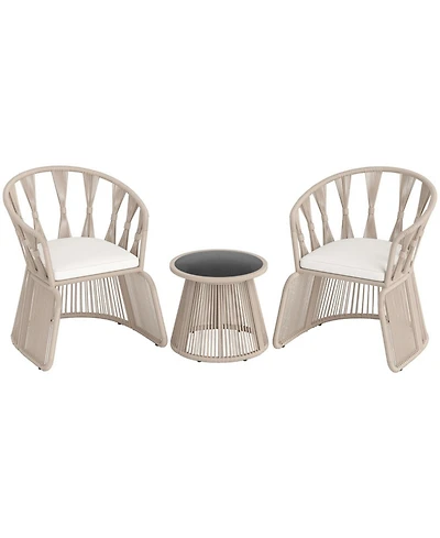 Gouun 3-Piece Rope-Woven Patio Leisure Chair Set with Cushions and Glass Side Table