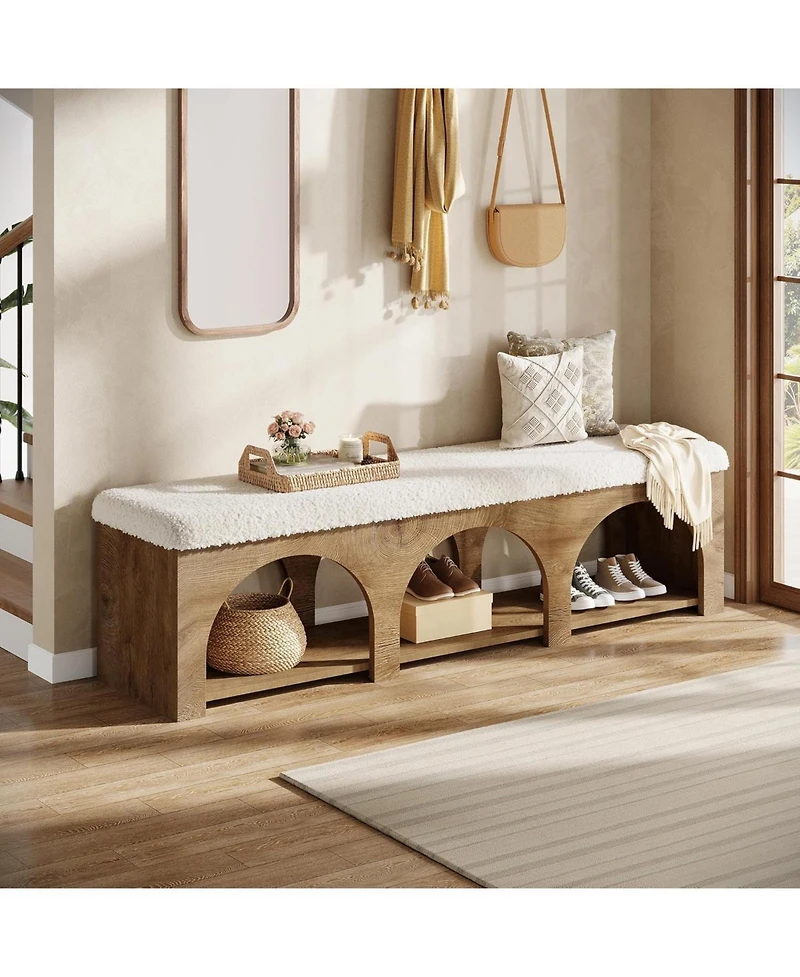 Tribesigns 63" Upholstered Entryway Bench, 2-Tier Entry Shoe Bench with Cushion and Storage Shelf, Farmhouse Padded Ottoman