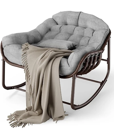 gaomon Outdoor Papasan Rocking Chair, Oversized Wicker Lounge Chair with Cushion and Metal Frame, Patio Rattan Egg Rocker for Balcony Backyard Porch