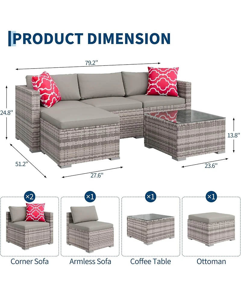 gaomon 5-Piece Outdoor Sectional Sofa Set, All-Weather Pe Rattan Patio Furniture with Ottoman and Tempered Glass Table