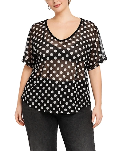 Coin 1804 Plus Polka Dot Mesh Rolled Sleeve Top