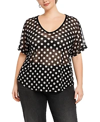 Coin 1804 Plus Polka Dot Mesh Rolled Sleeve Top