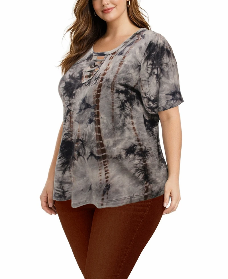 Coin 1804 Plus Tie Dye Lace Up Short-Sleeve Top