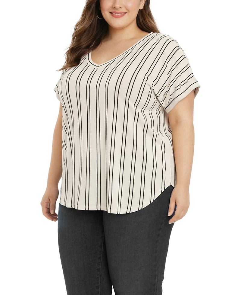 Coin 1804 Plus Cotton Vertical Stripe V-Neck Top