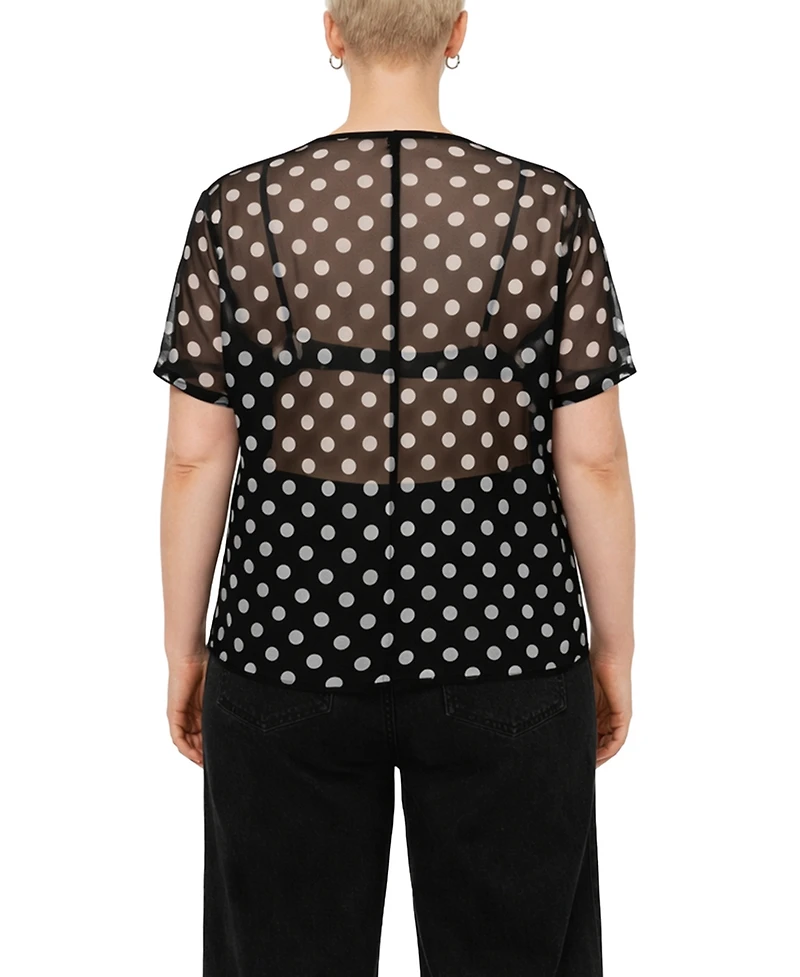 Coin 1804 Plus Polka Dot Mesh Rolled Sleeve Top