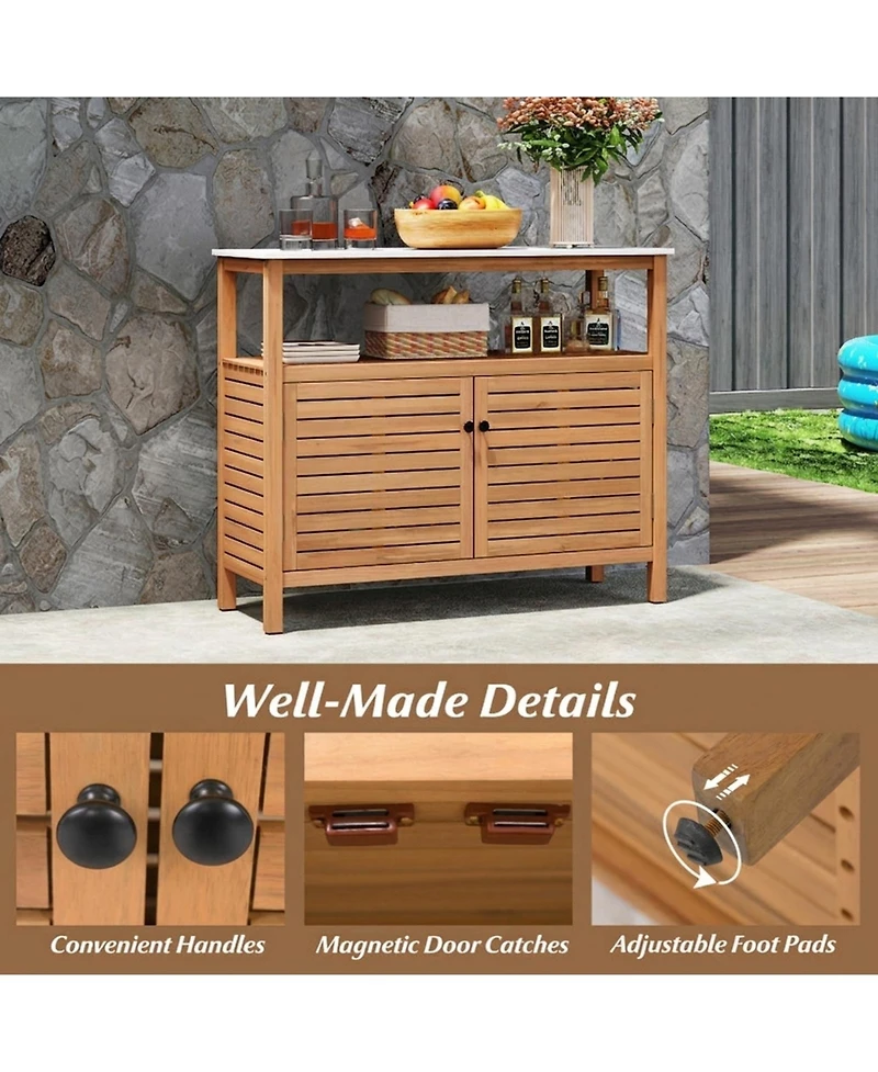 Gouun Acacia Wood Patio Buffet Cabinet with Open Shelf and Resin Countertop
