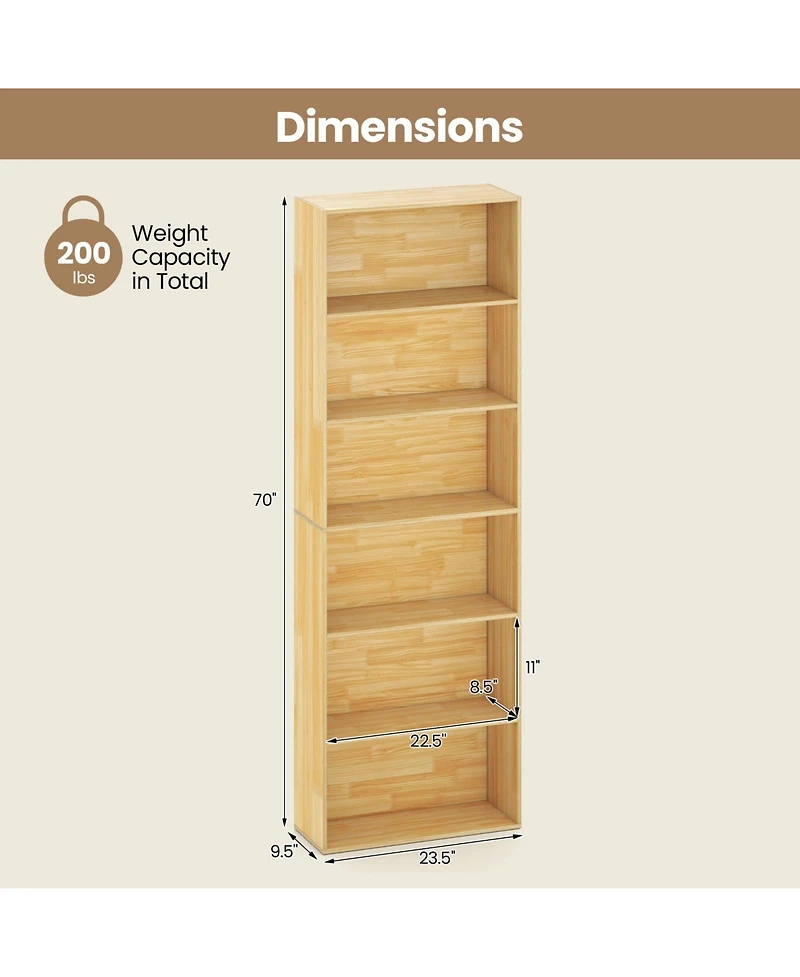Sugift 6-Tier Bookcase with 6 Open Shelves and Anti-Toppling Kits-Wood